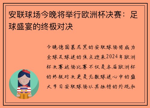 安联球场今晚将举行欧洲杯决赛：足球盛宴的终极对决